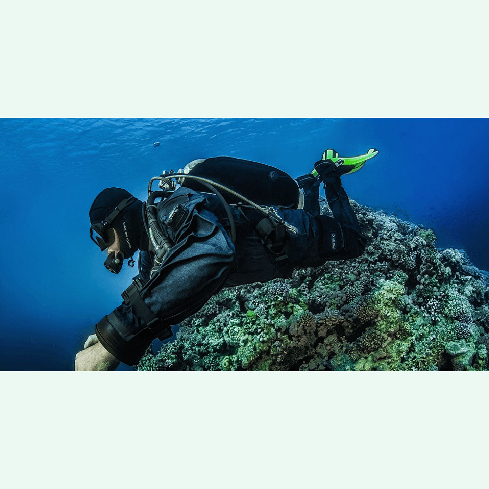 Diver wearing XDeep NX Ghost Deluxe Full BCD